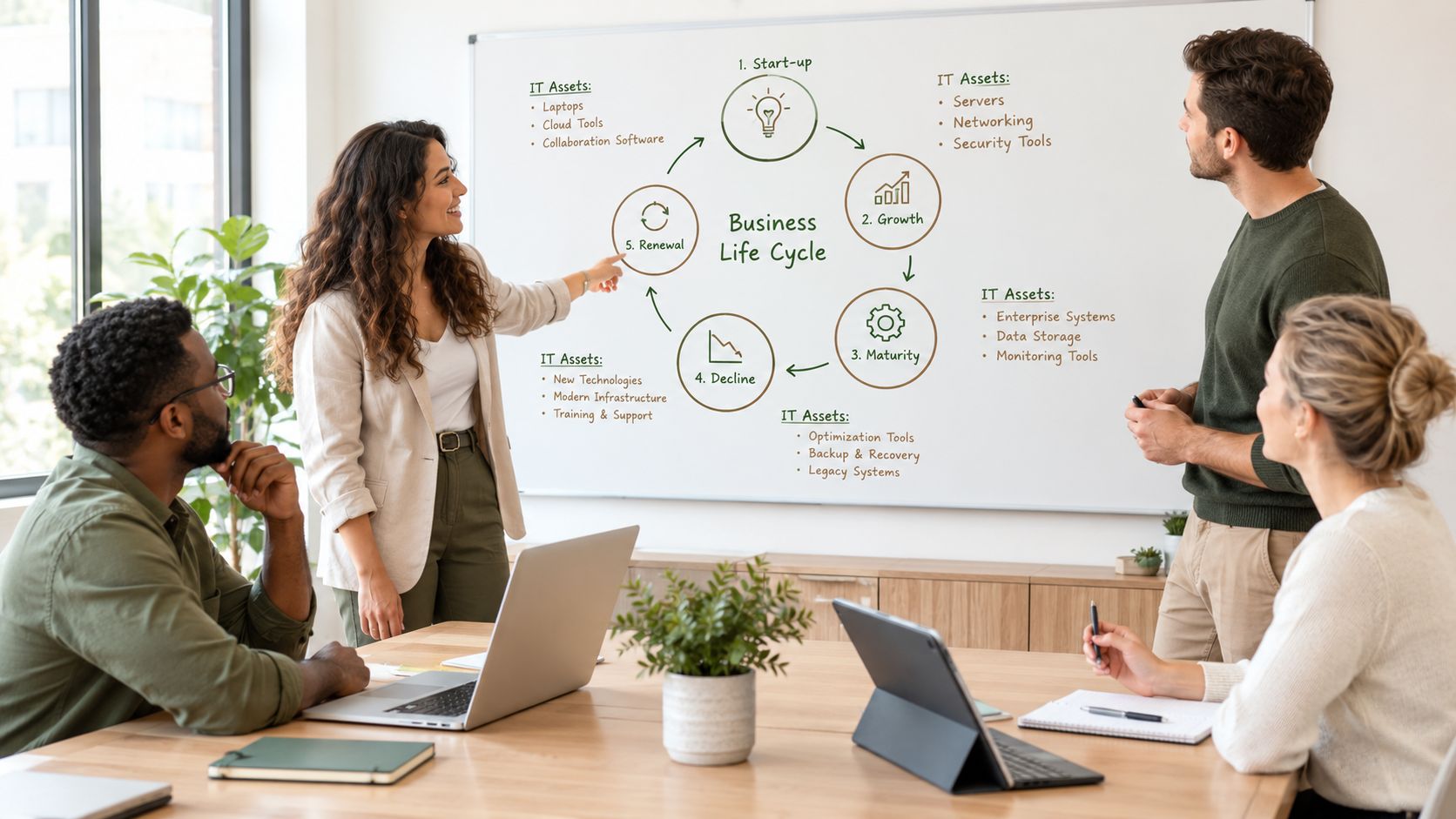 A diverse business team collaborating on a business life cycle strategy presentation in a modern office environment.