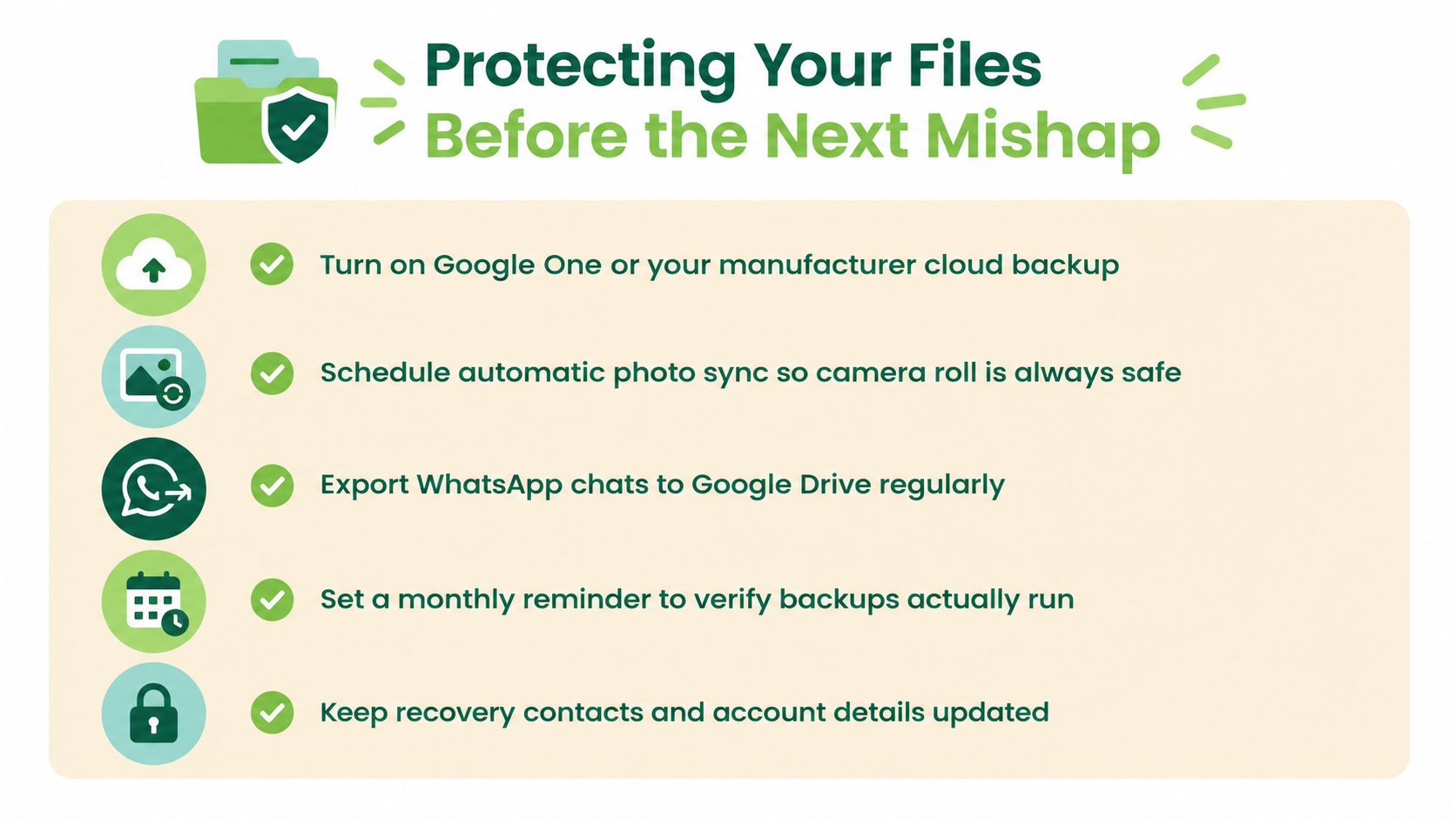 A list of five essential tips for backing up and protecting important files on your mobile device.