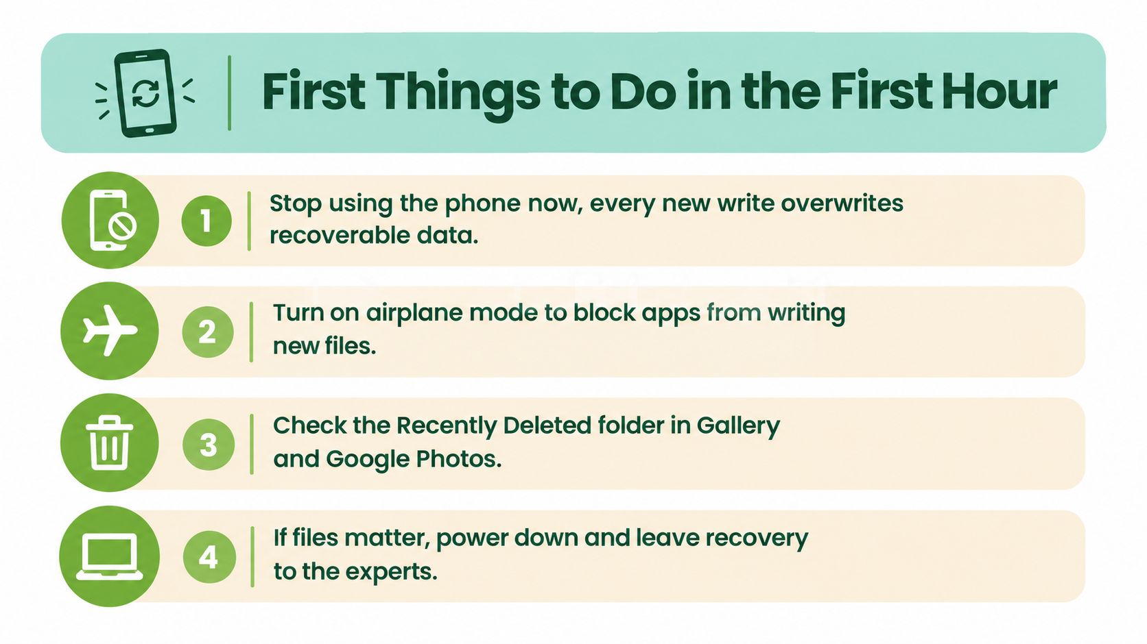 A four step infographic guide on critical first actions for recovering deleted files on mobile phones.