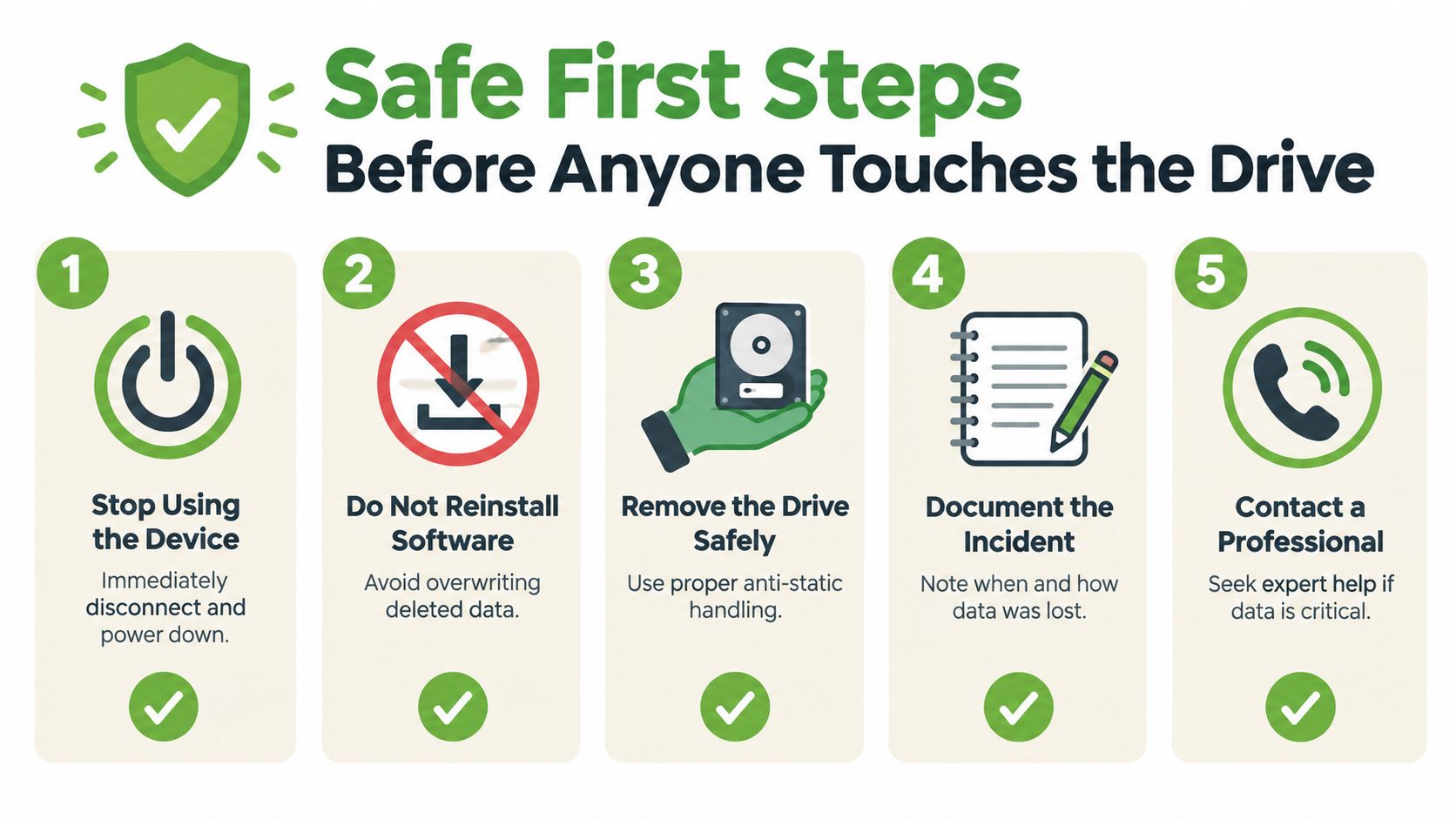 A five-step guide on safe procedures for handling a malfunctioning hard drive before seeking data recovery services.