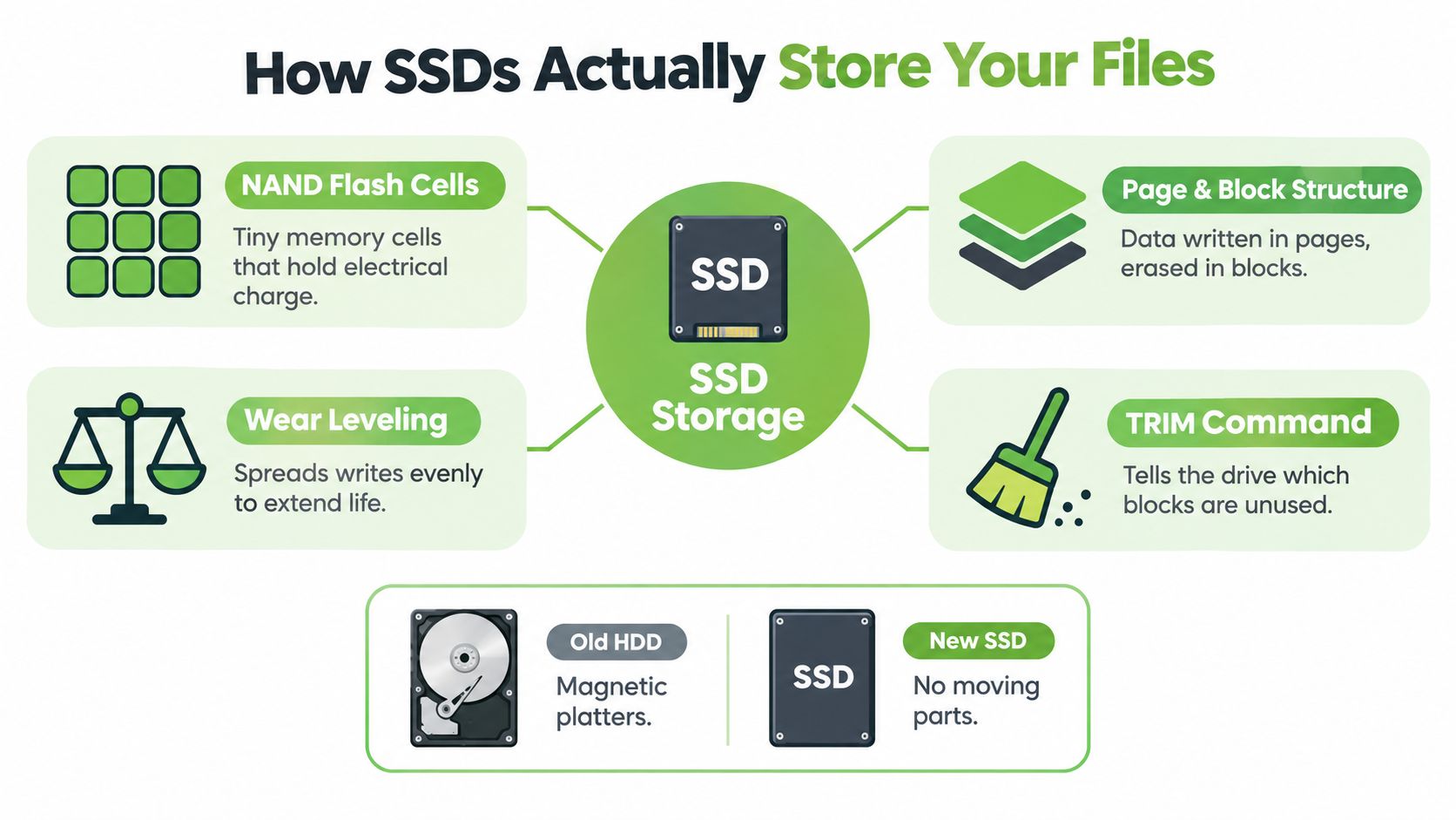 An infographic explaining the technical components and processes involved in how solid-state drives store digital information.