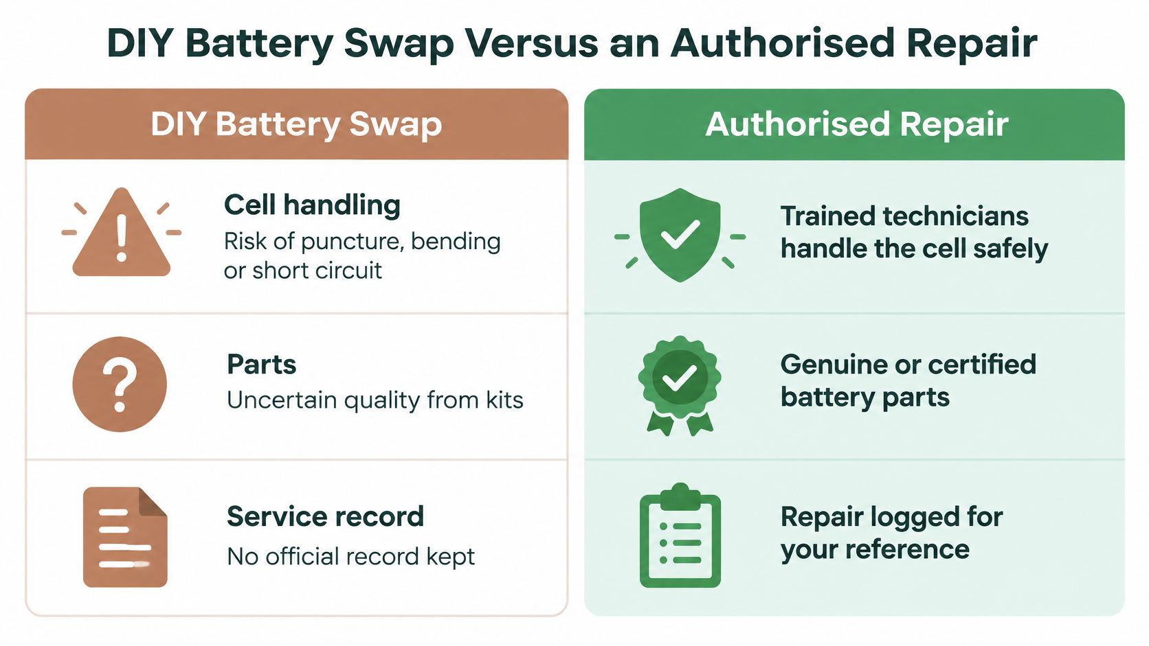A comparison chart showing risks of DIY battery repair versus benefits of professional authorised device repair.