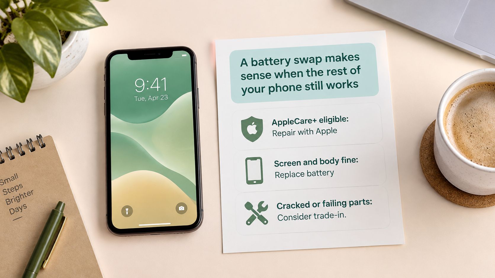 A smartphone placed next to a paper guide explaining when to replace your phone battery.
