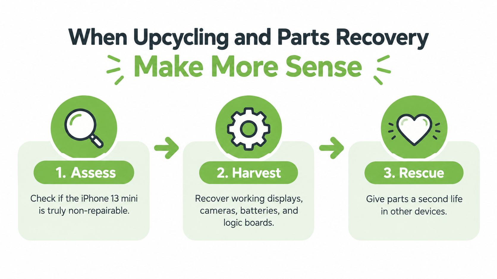 A three-step infographic showing how to recycle and upcycle a non-repairable iPhone 13 mini.