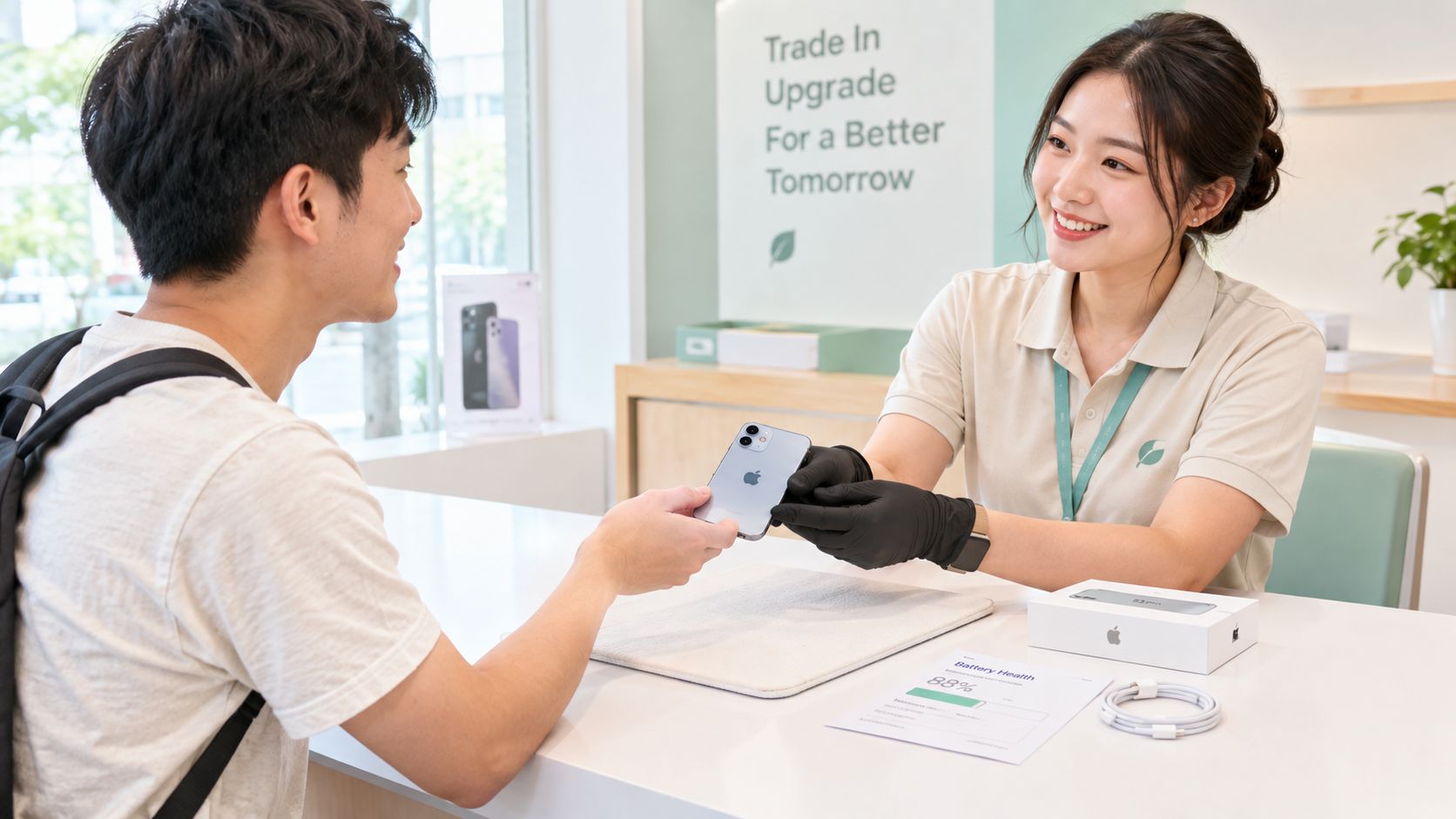 A store employee wearing black gloves accepts a used iPhone from a customer for a trade-in.