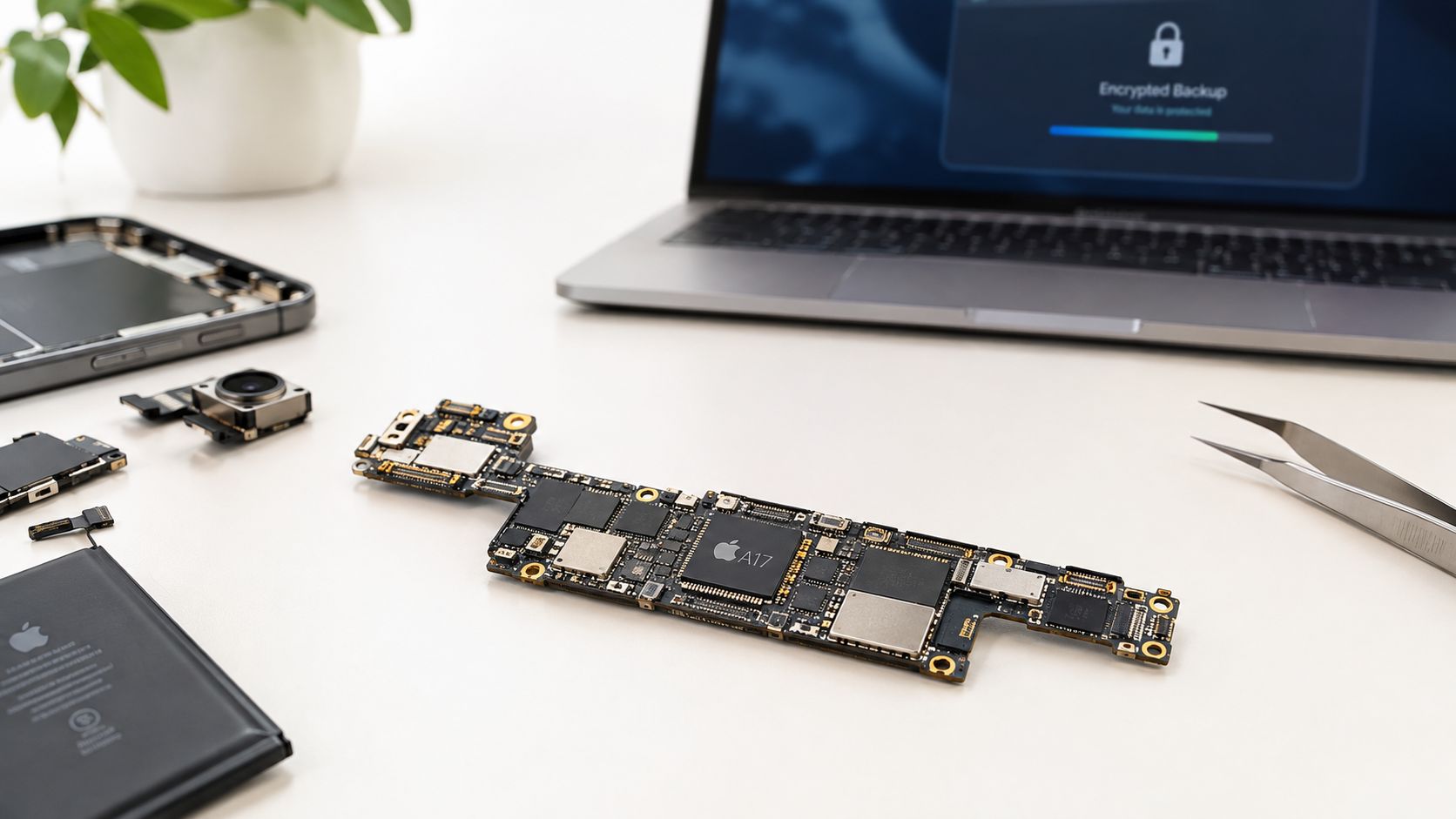 A disassembled iPhone motherboard featuring an A17 chip set on a clean white repair workbench.