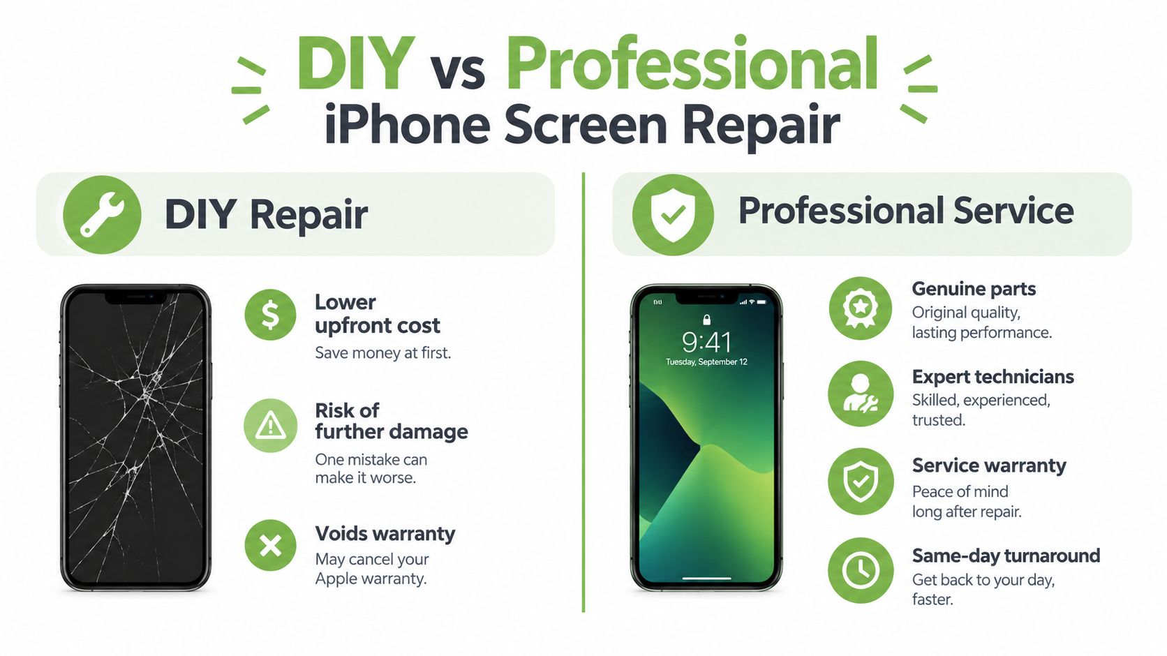 A comparison infographic between DIY iPhone screen repair and professional repair services showing risks versus benefits.