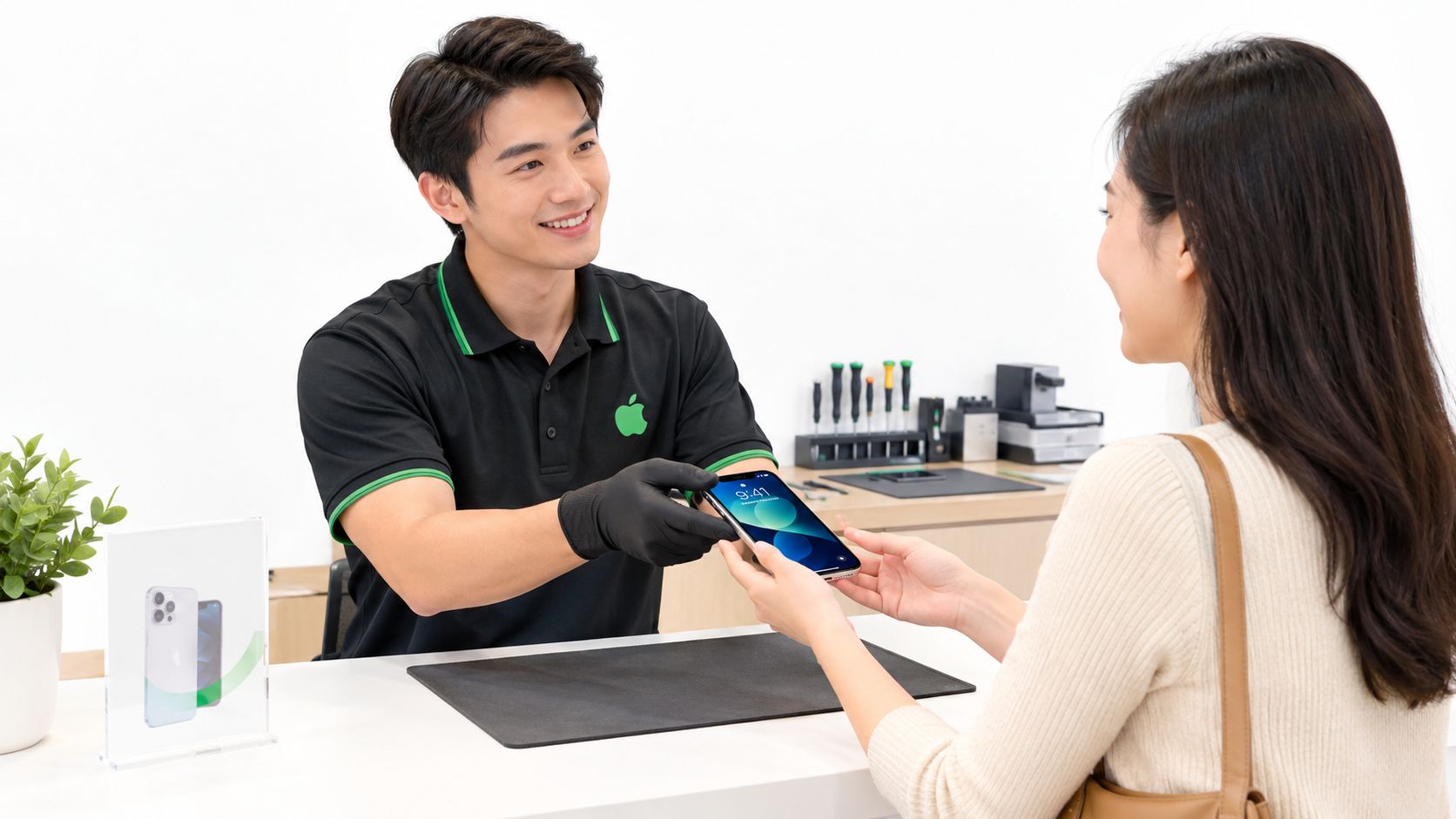 A friendly technician wearing gloves hands a repaired smartphone back to a smiling female customer in a shop.