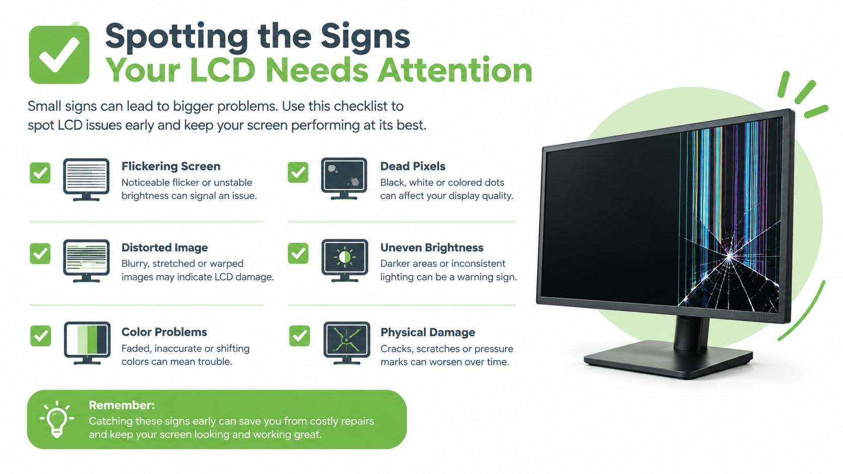 An infographic showing common signs of LCD screen damage such as flickering, dead pixels, and physical cracks.