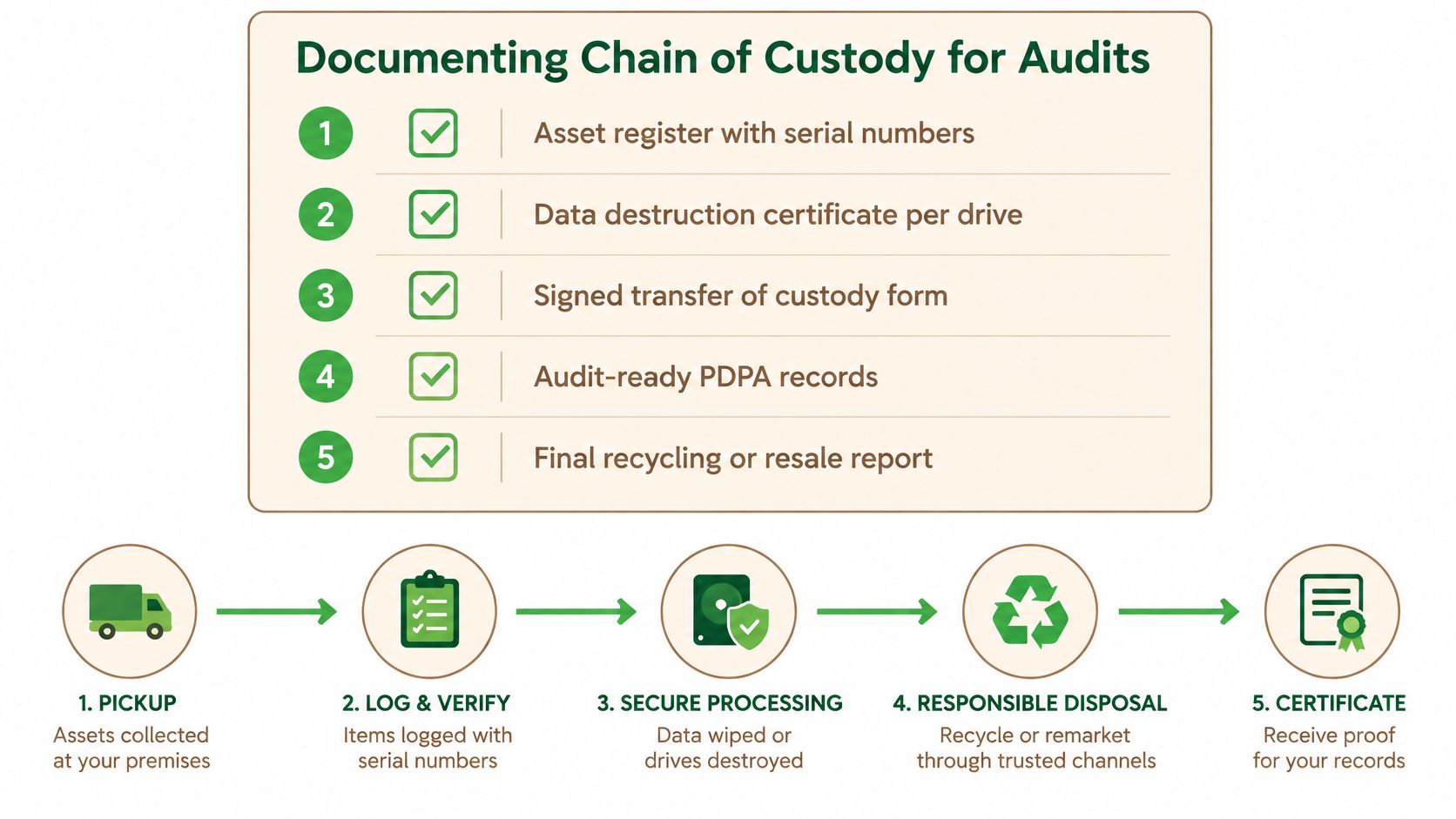 An infographic detailing the five-step process for secure IT asset disposal and auditing requirements.