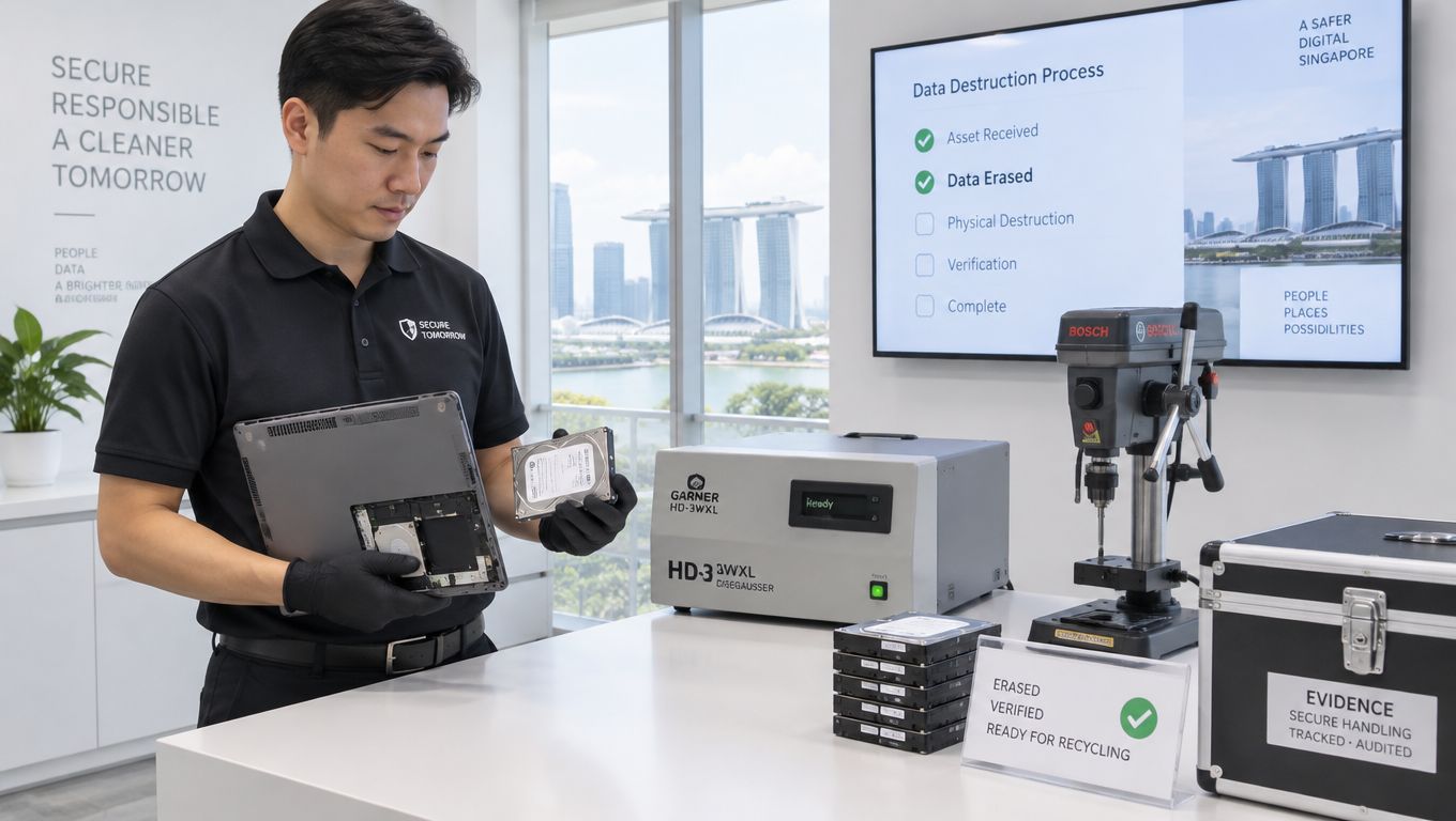 A technician wearing black gloves processes hard drives for secure destruction in a professional office setting.