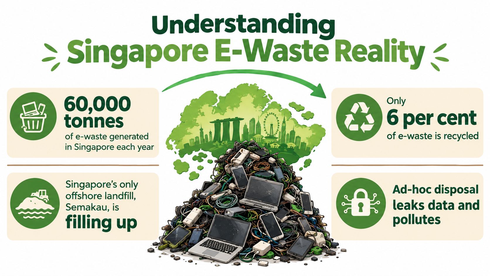 An infographic showing that Singapore generates 60,000 tonnes of e-waste annually with only 6 percent recycled.