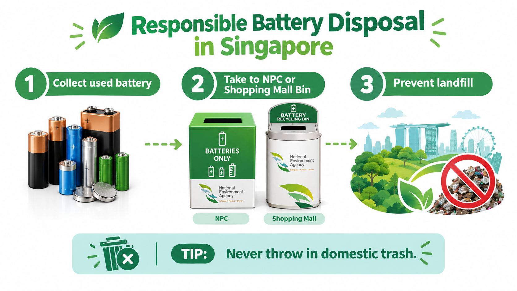 An infographic showing the three steps for responsible battery recycling in Singapore at designated collection bins.