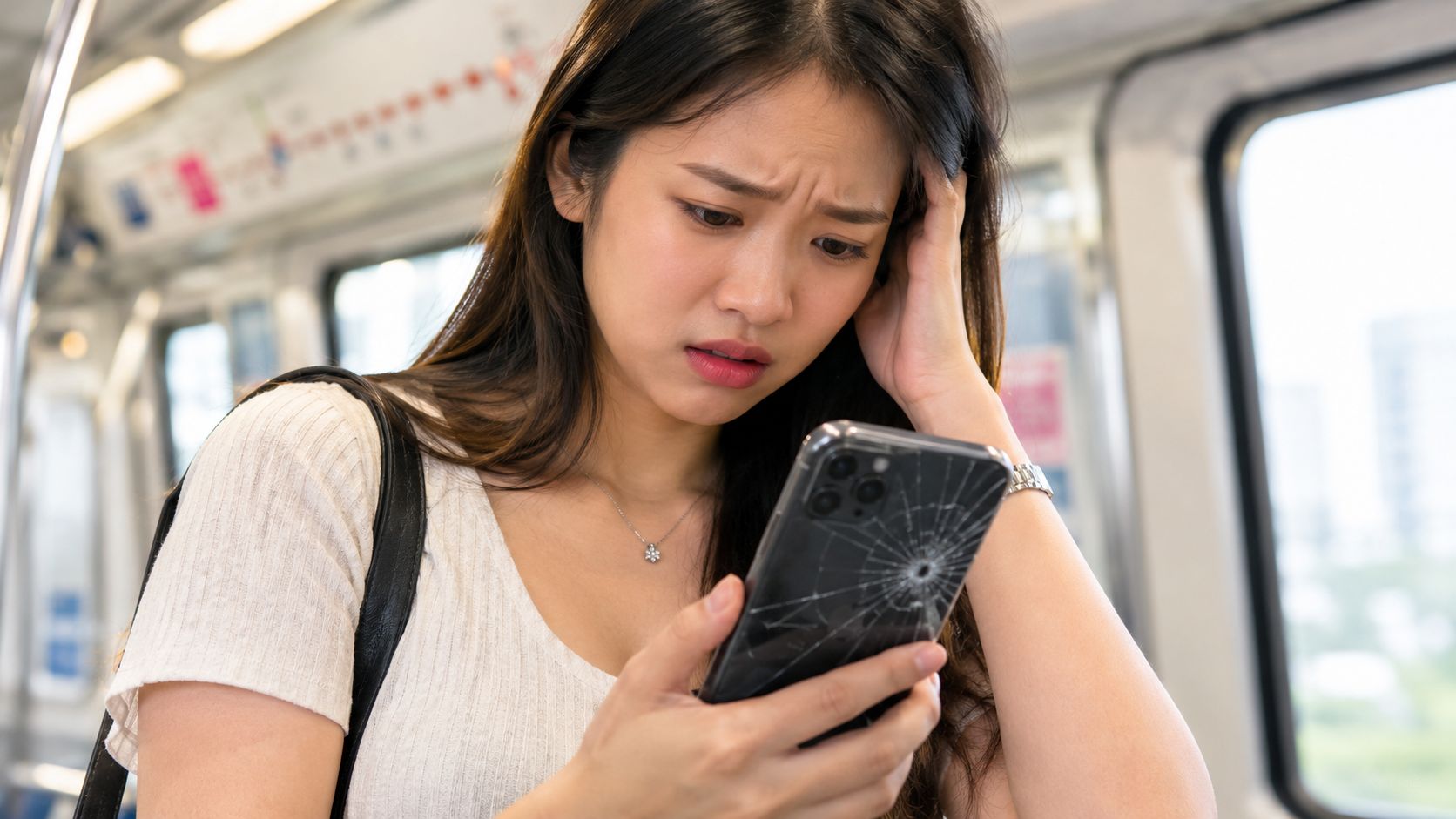 A distressed young woman looking at her damaged smartphone with a cracked screen while riding a train.