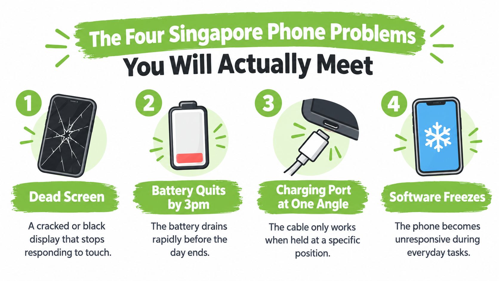 An infographic illustrating four common mobile phone problems, including cracked screens, battery issues, faulty ports, and freezing.
