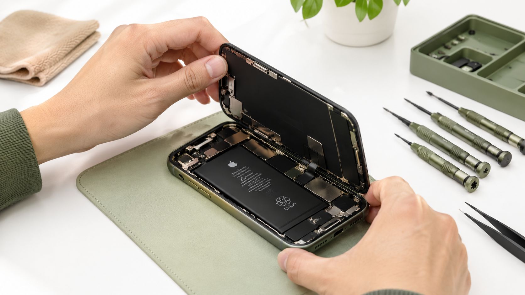 A technician carefully opens the display of an iPhone to begin repairs on a workbench.