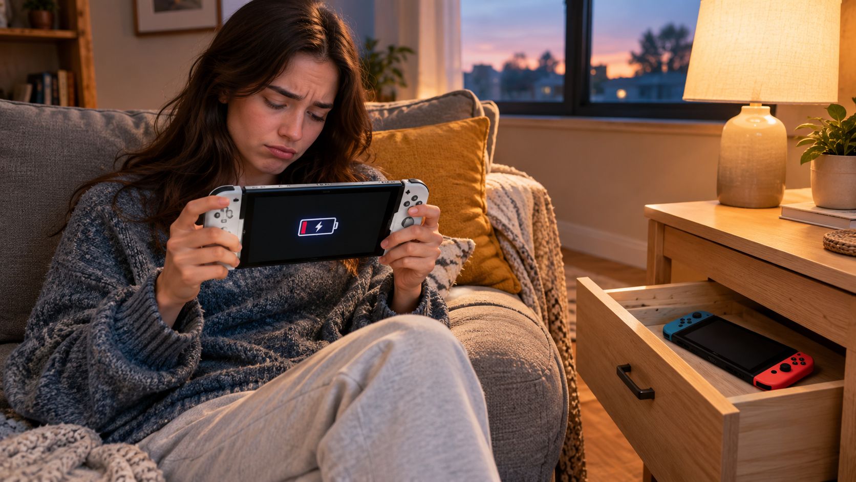 A disappointed woman holding a Nintendo Switch OLED with a low battery icon on the screen.