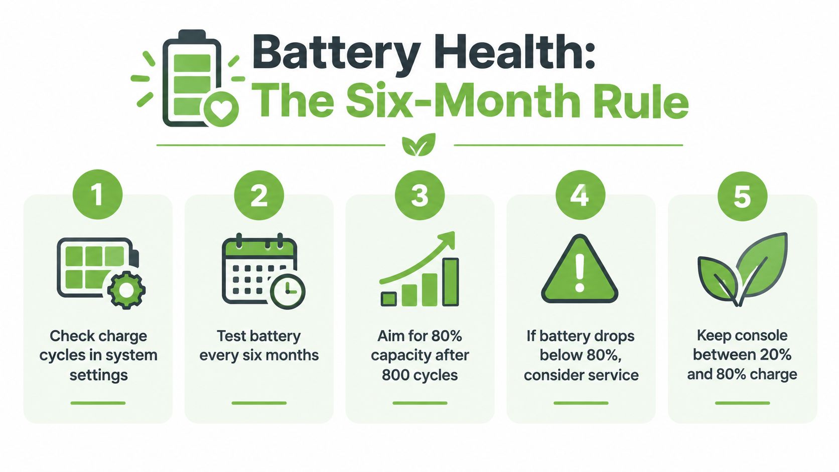 An infographic titled Battery Health: The Six-Month Rule, detailing five tips for maintaining Nintendo Switch OLED battery longevity.