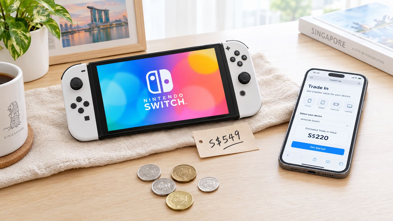 A Nintendo Switch OLED model sits on a wooden desk next to a mobile phone displaying a trade-in website.