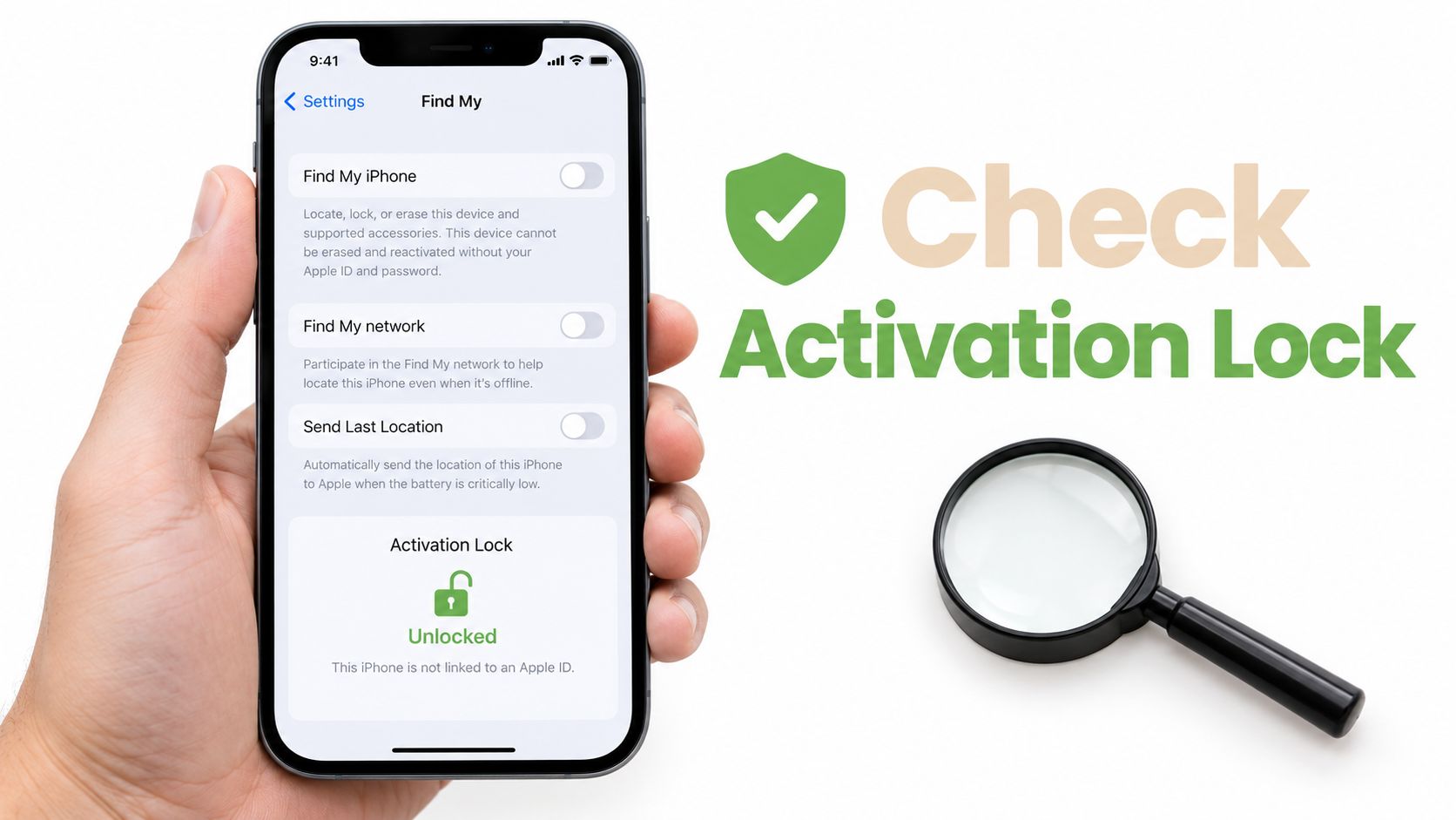 A hand holding an iPhone displaying the Find My settings page showing the status is unlocked.