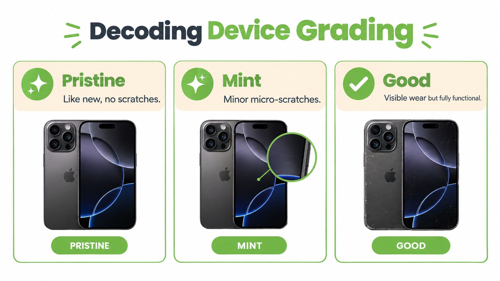 A visual guide explaining device grading categories for iPhones, including Pristine, Mint, and Good condition levels.
