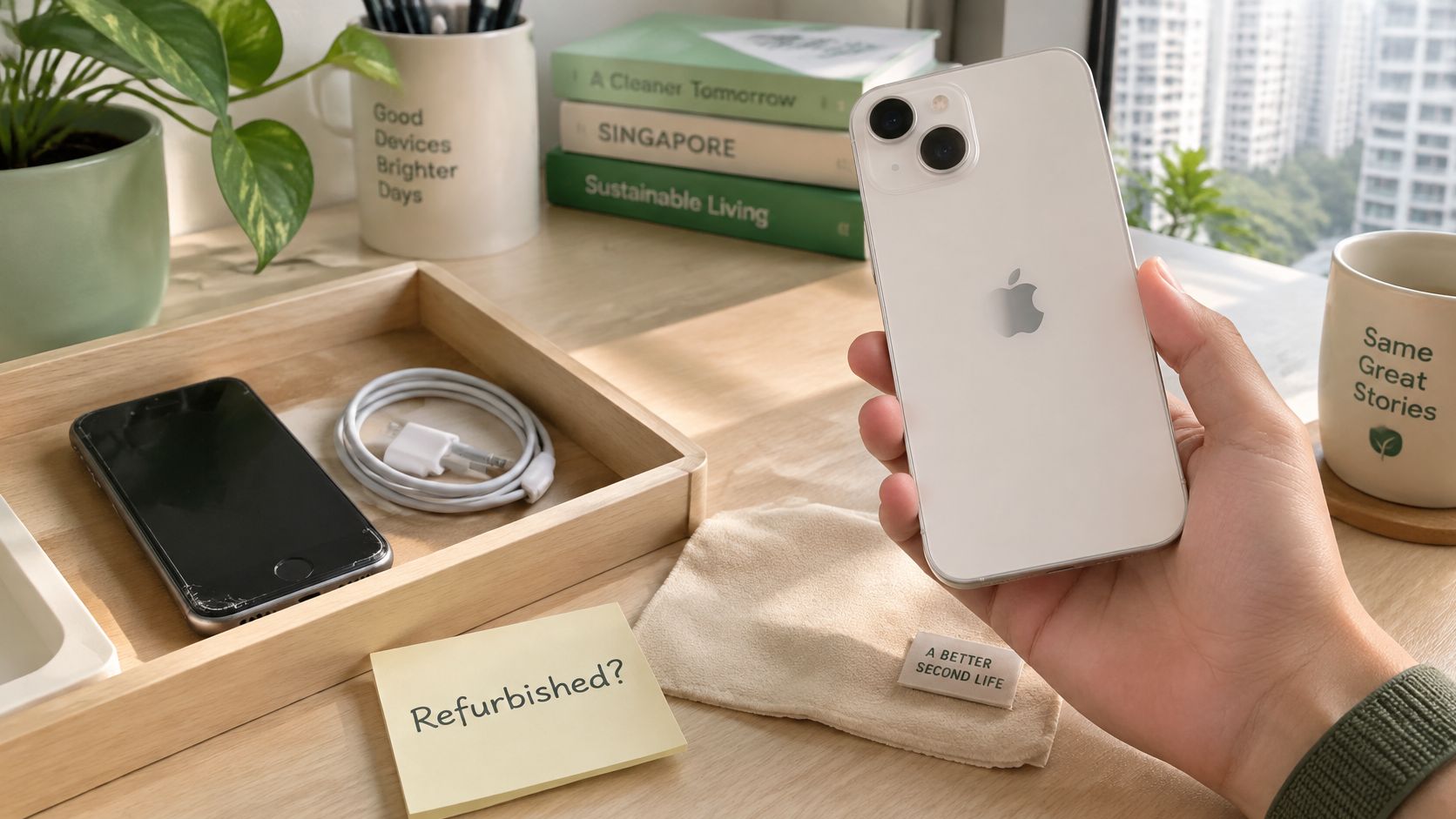 A hand holds a white refurbished iPhone 14 next to a desk with a cable and notes.