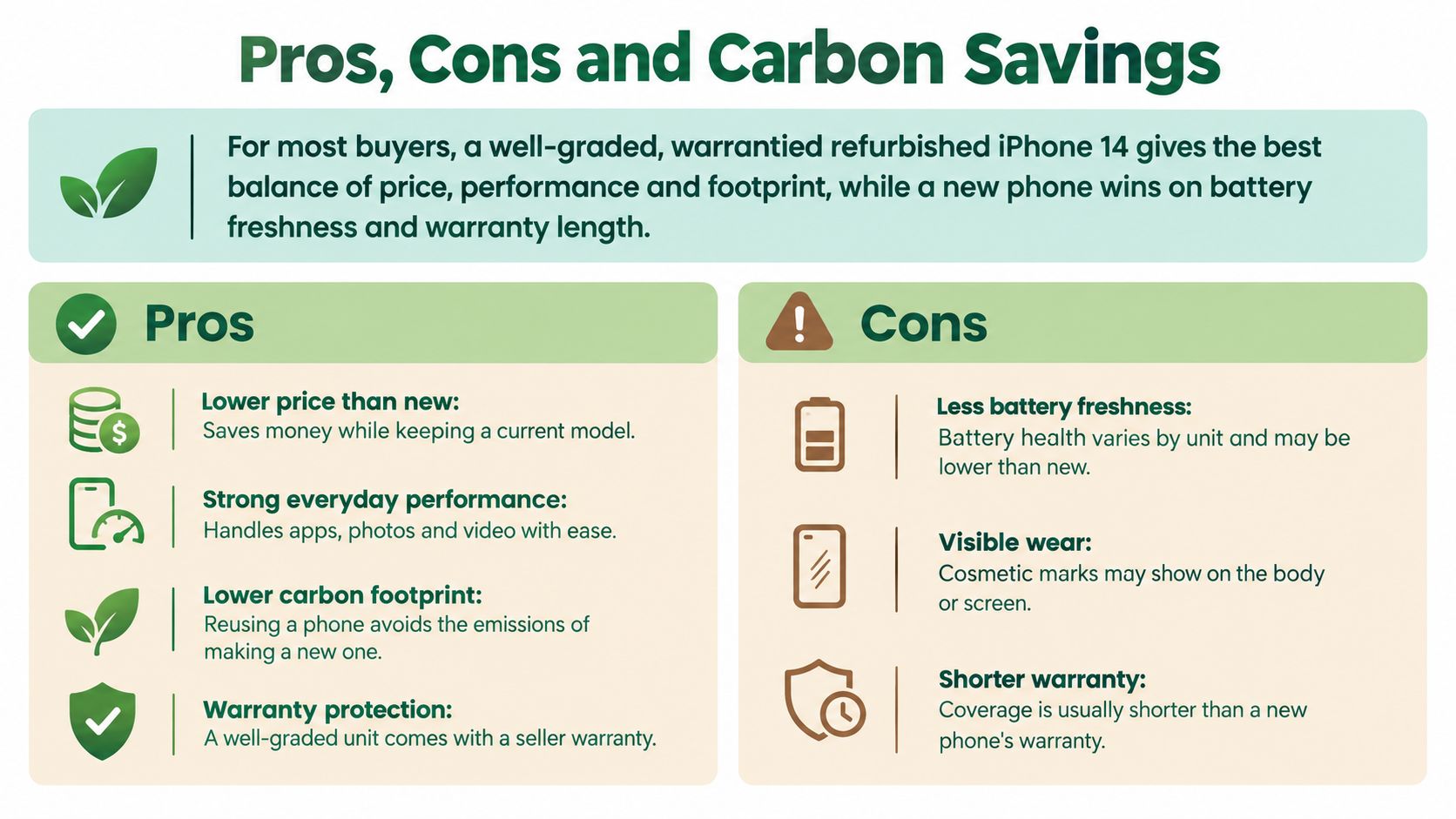 A pros and cons infographic comparing buying a refurbished iPhone 14 versus a new smartphone model.