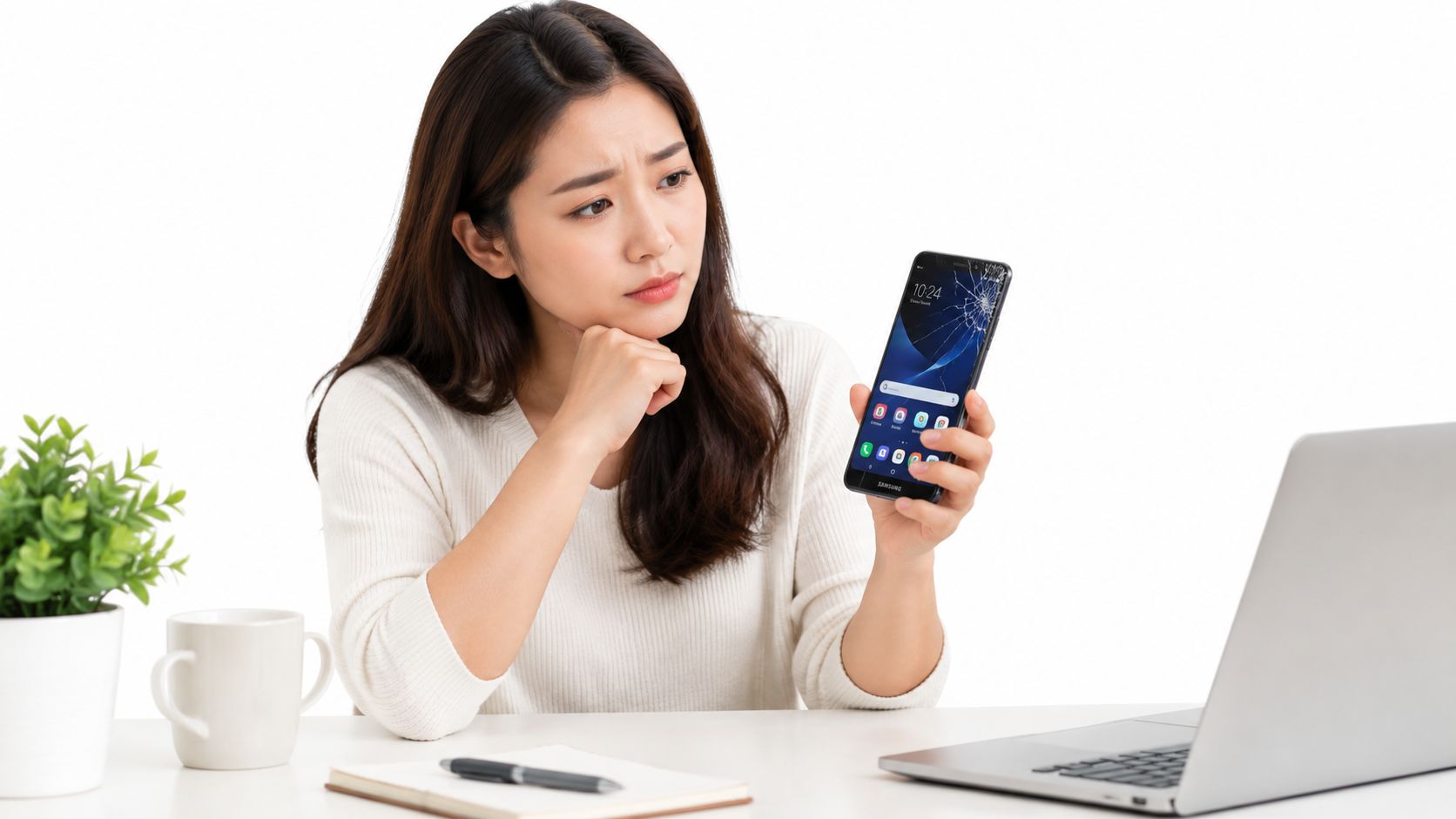 A concerned young woman looking at her damaged smartphone with a cracked screen while sitting at a desk.