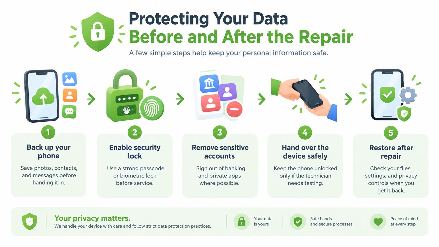 A five-step guide on how to protect personal data and privacy before and after smartphone repairs.