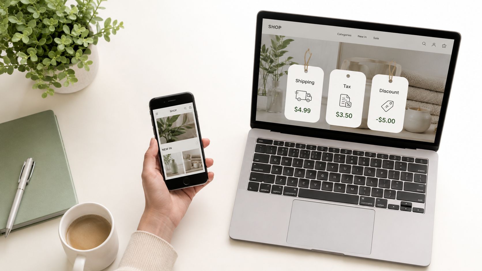 A hand holding a smartphone showing an online store next to a laptop displaying shopping details.