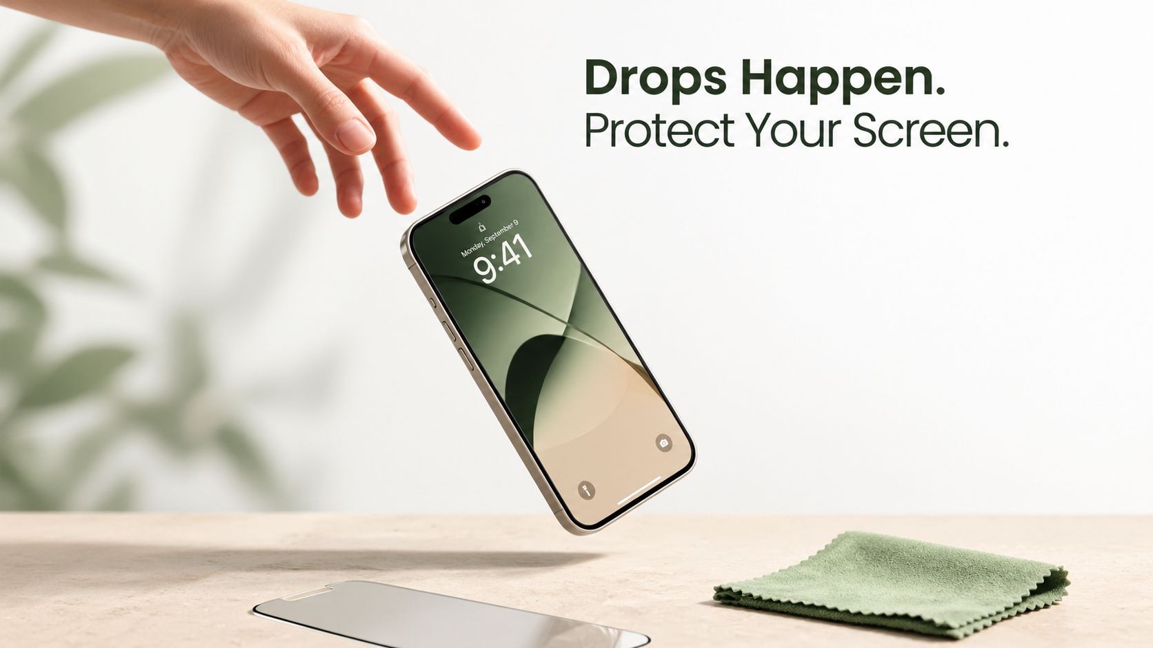 A hand dropping a smartphone above a screen protector and a cleaning cloth on a table.