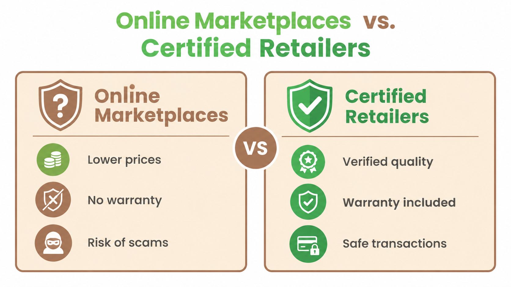 A comparison chart showing pros and cons of online marketplaces versus certified retailers for shoppers.