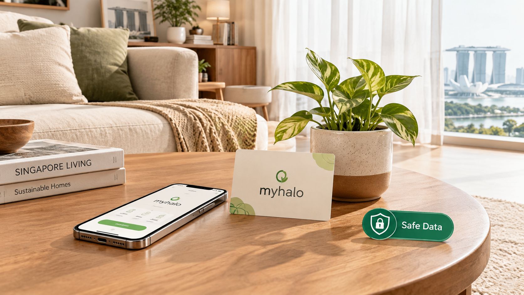 A smartphone and a myhalo card on a coffee table with a plant in a bright living room.