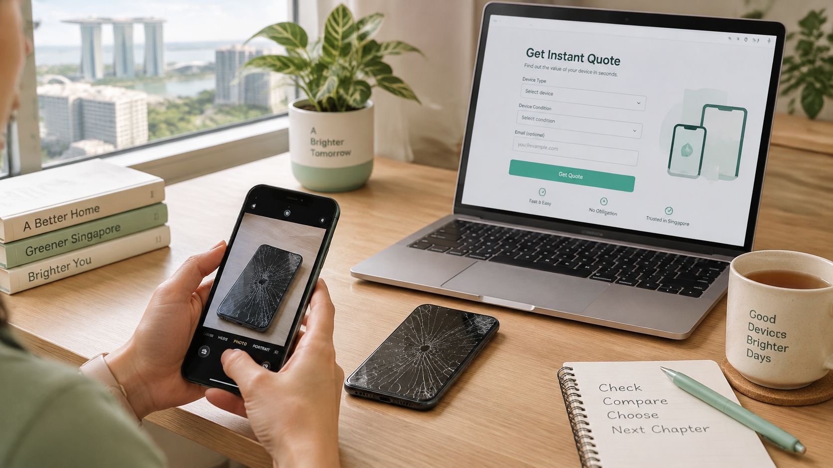 A person using a smartphone to photograph a broken phone for an online device trade-in quote.