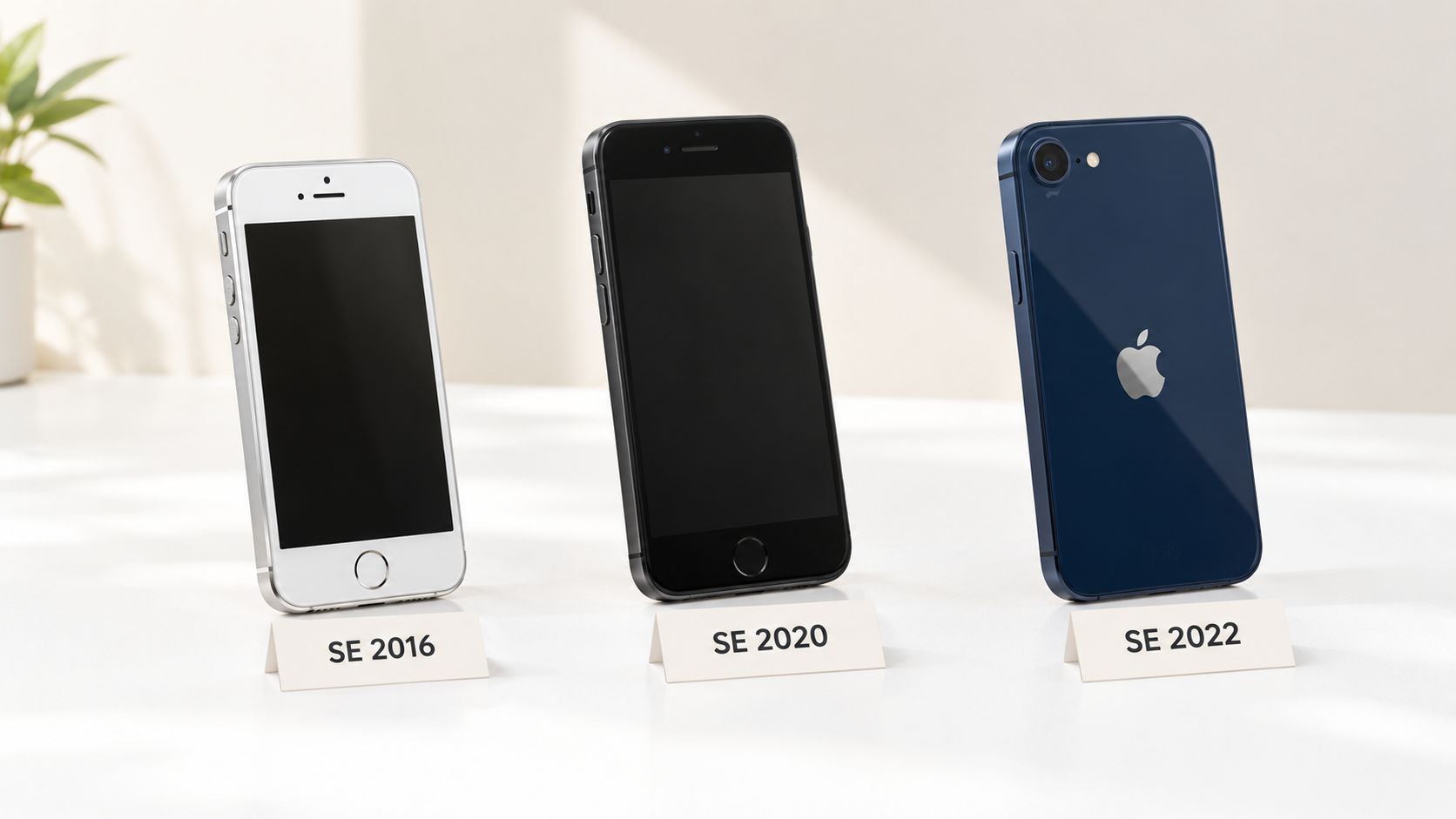 Three Apple iPhone SE models from 2016, 2020, and 2022 displayed standing on a white surface.
